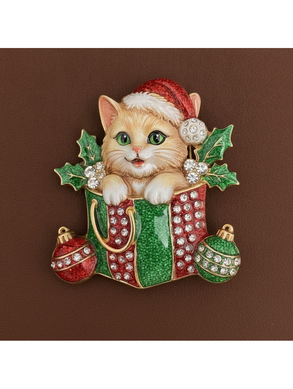 Christmas Cat in Gift Box Brooch with Rhinestones and Enamel